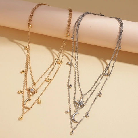 Layered Necklace Alloy Iron Rhinestone Star Moon Pendants Bohemian Style Fashion Jewelry For Women