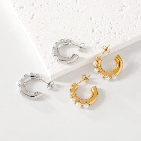 Stainless Steel C-Shape Stud Earrings With Artificial Pearl Inlaid Electroplated Gold Steel Color Geometric Jewelry For Women