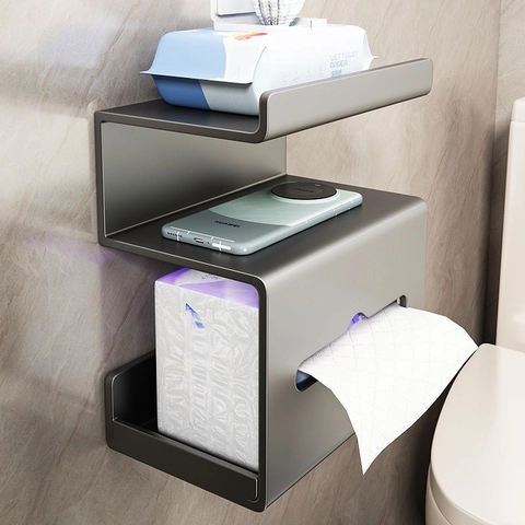 Bathroom Tissue Box Storage Rack Wall Mounted Toilet Paper Holder With Phone Shelf Punch-Free Multi-Functional