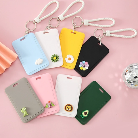 Cartoon Push-Pull Card Holder With Hand Strap Plastic ID Card Case Student Bus Card Cover Cute Avocado Bear Floral Card Protector Keychain For Women Girls