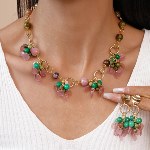 Retro Böhmisches Schmuckset Für Damen Legierung Halskette Und Ohrringe Mit Naturstein Und Muschelscheiben Vintage Stil