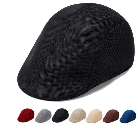 Béret Homme Casquette Plate Coton Polyester Respirant Protection Solaire Été Extérieur Décontracté Vintage Couleur Unie