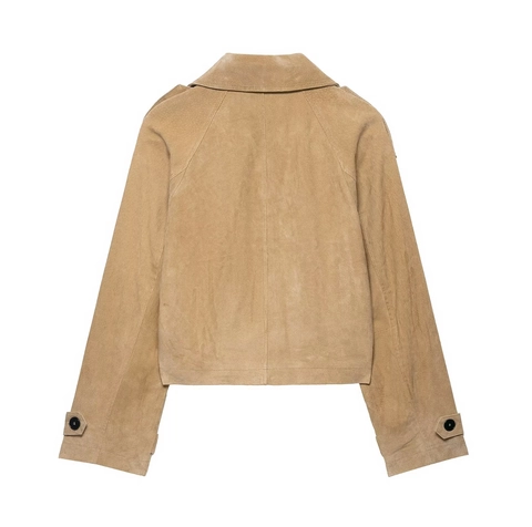 Dames Kort Suède Jasje Double Breasted Trenchcoat Reverskraag Street Casual Khaki Bovenkleding