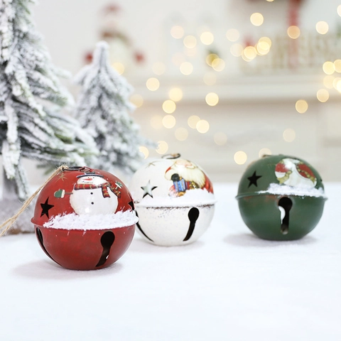 Christmas Metal Round Bell Ornaments Santa Claus Snowman Print Star Cutout Vintage Hanging Holiday Tree Decorations