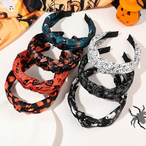 Halloween Knotted Headband Fabric Wide Hair Hoop Pumpkin Ghost Spider Web Print Festive Party Headwear For Women