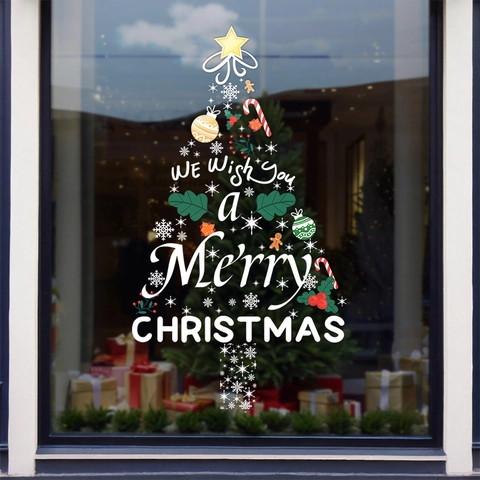 Christmas Tree Window Sticker Static Cling PVC Removable No Glue Double Sided UV Print Festive Holiday Glass Decor