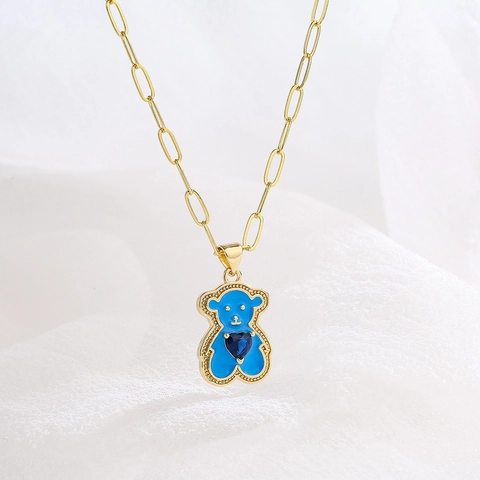 Collier Pendentif Ours Mignon Cuivre Plaqué Or 18K Avec Coeur Zircon Émail Chaîne Tendance Pour Femmes