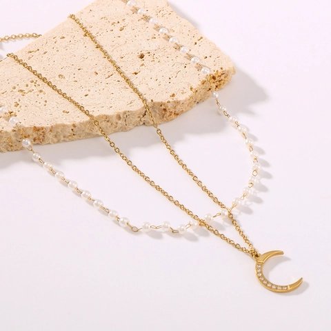 Collana Con Ciondolo A Luna Doppio Strato Acciaio Al Titanio Imitazione Perla Artificial Strass Minimalista Elegante Gioielli 18K