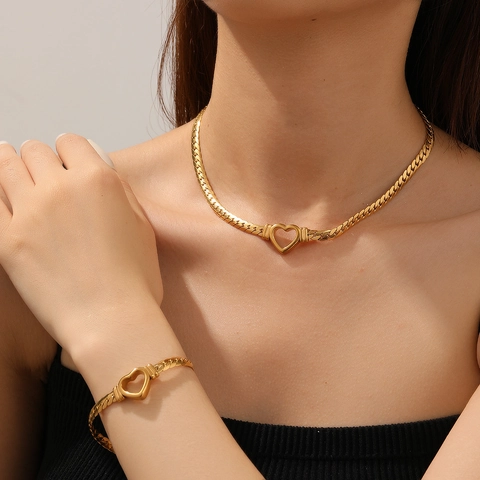 Collana Bracciale E Orecchini Con Cuore In Acciaio Inossidabile Cuore Cavo Catena Cubana Per Donna Tonalità Oro