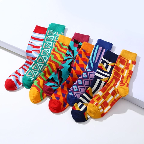 Crew Socken Bunte Baumwolle Spandex Geometrische Abstrakte Muster Designer Mittlere Wade Trendy Streetwear Unisex
