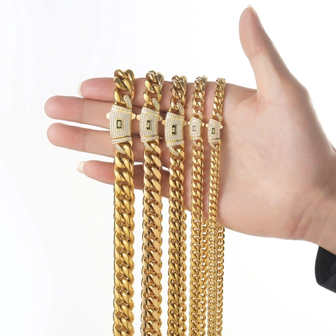 Stainless Steel Cuban Link Chain Necklace Bracelet Hip Hop Unisex Jewelry With Zirconia Spring Clasp Gold Silver Plated Necklaces