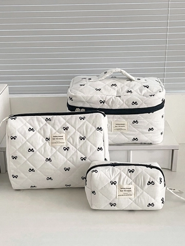 Trousse De Maquillage En Coton Matelassé Motif Nœud Noir Organisateur De Voyage Style Coréen Sac À Cosmétiques