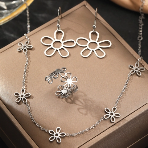 Bloemen Sieradencollectie Roestvrij Staal Holle Florale Ketting Haak Oorbellen Open Ring Minimalistisch Elegant Dames
