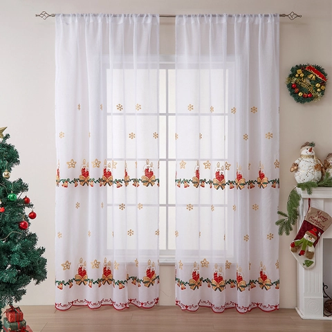 Christmas Sheer Curtain White Window Drape Snowflake Candle Bell Embroidery Polyester Festive Home Decor