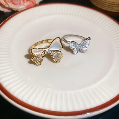 Elegante Anello Con Fiocco Rame Placcato Oro Zircone Madreperla Gioielli Da Dito Aperti Regolabili Per Donna