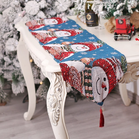 Christmas Knitted Table Runner Jacquard Santa Claus Snowman Pattern With Red Tassels Holiday Dining Table Decor