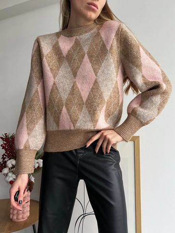 Damen Retro Argyle Strickpullover Baumwolle Polyester Rundhals Langarm Lockerer Sitz Lässiger Stil Oberteil