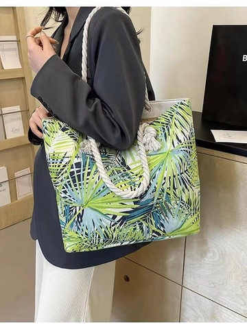 Women Large Capacity Canvas Tote Bag Cotton Rope Handle Printed Casual Beach Shoulder Handbag Retro Shopping Travel