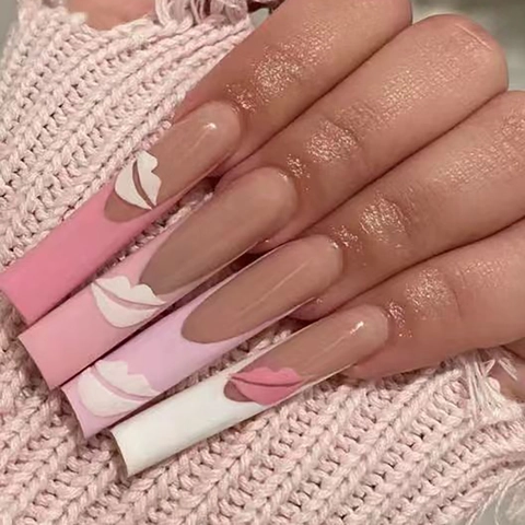 Unghie Finte Quadrate Extra Lunghe Sfumate Rosa French Lucido Motivo Labbra Unghie Artificiali Per Donna