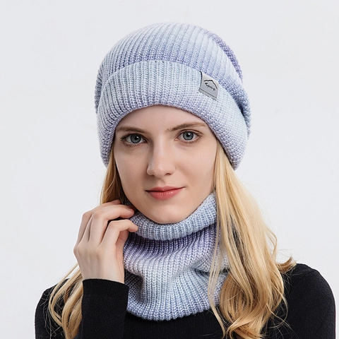 Gradient Color Beanie And Neck Warmer Winter Warm Thick Knit Hat Scarf For Women Outdoor Casual Acrylic