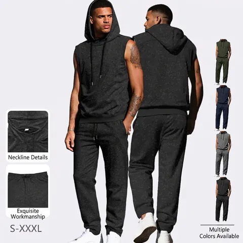 Men Sleeveless Hoodie And Jogger Pants Cotton Polyester Distressed Streetwear Casual Tracksuit