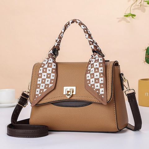 Women Litchi Pattern PU Leather Handbag With Satin Scarf Wrapped Handle Golden Lock Adjustable Shoulder Strap Crossbody Bag