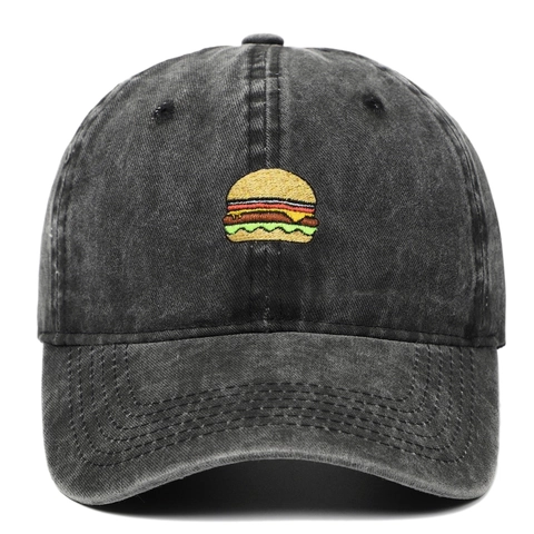 Hamburger Embroidery Baseball Cap Washed Cotton Distressed Vintage Dad Hat Adjustable Outdoor Sport Sun Shade