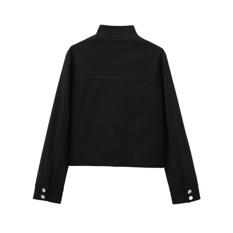 Chaqueta Bomber De Mujer Con Cuello Alto Color Sólido Negro Corto Corte Entallado Abrigo De Sarga Con Cremallera Metálica Estilo Urbano