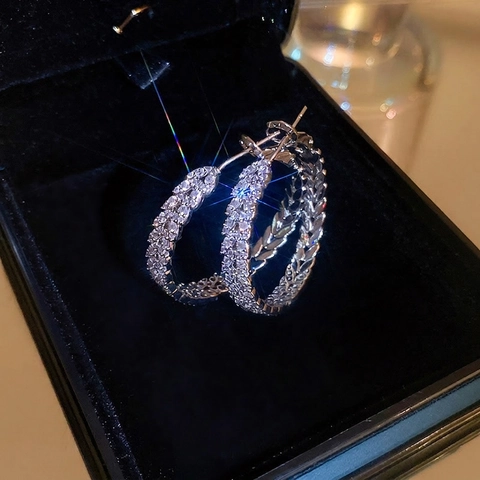 Silver Hoop Earrings With Copper Body Cubic Zirconia Leaf Pattern And Silver Earring Post Trendy Jewelry For Women