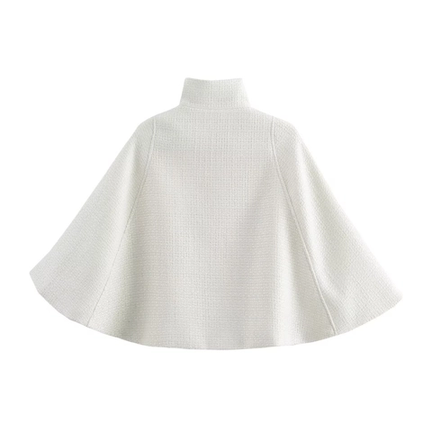 Giacca Mantella In Tweed Con Collo Alto Da Donna Elegante Senza Maniche Mantello Tessuto Bianco