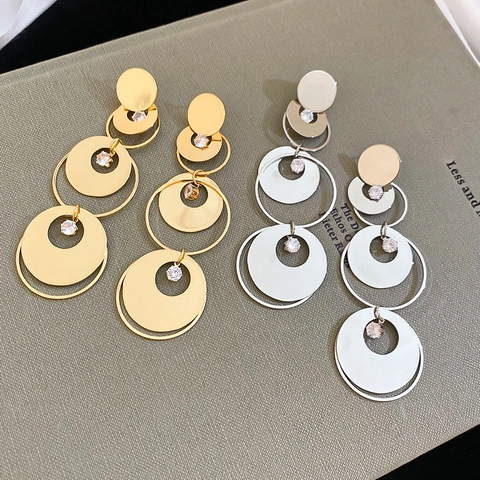 Orecchini Pendenti Geometrici Tondi A Più Strati Con Perno In Argento Sterling 925 E Zircone Intarsiato In Rame Da Donna