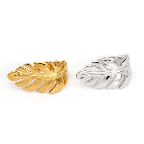 Monstera Blatt Offener Ring Edelstahl PVD Gold Plattiert Hohl Verstellbar Tropenpflanze Schmuck Damen