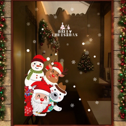 Christmas Window Stickers PVC Static Cling Double Sided Santa Claus Snowman Reindeer Glass Door Decals Xmas Decoration