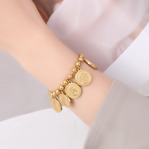 Bracciale Con Ciondolo Moneta Oro Acciaio Inossidabile Catena A Sfere Vintage Ritratto Regina Elisabetta II Gioielli Da Donna