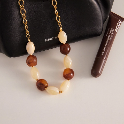Vintage Stainless Steel Resin Bead Heart Pendant Necklace For Women 18K Gold Plated Layered Amber Cream Beads Jewelry
