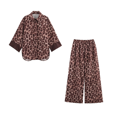 Ropa De Casa Con Estampado De Leopardo Camisa Con Botones Y Pantalones De Pierna Ancha Con Cintura Elástica Satén Mujeres