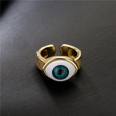 Anillo De Ojo Turco Realista Cobre Bañado En Oro Circón Banda Abierta Ajustable Textura Martillada Joyería De Moda Única Para Mujer