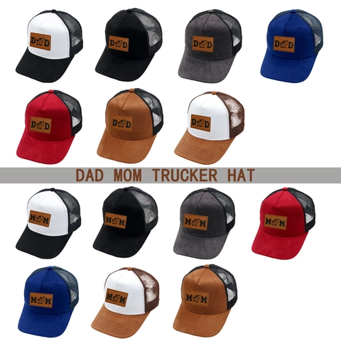 Casquette Trucker Vintage En Suédine Et Maille Respirante Mom Dad Patch En Cuir Graphique Vache Pare-Soleil Pour Parents