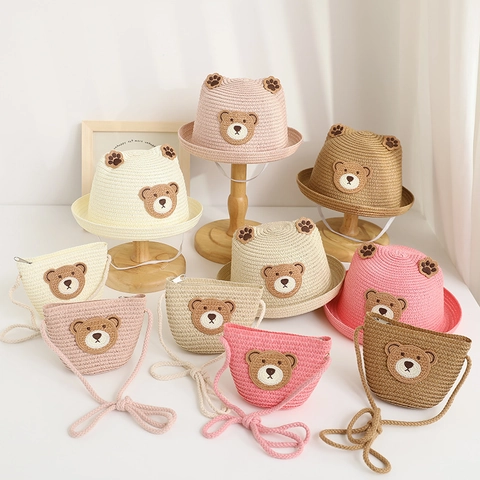 Kids Straw Hat And Matching Crossbody Bag Bear Ear Design Summer Sun Protection Breathable Beach Accessory For Children