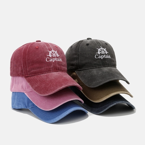Vintage Washed Cotton Baseball Cap With Captain Embroidery Retro Style Adjustable Sun Hat For Men Women