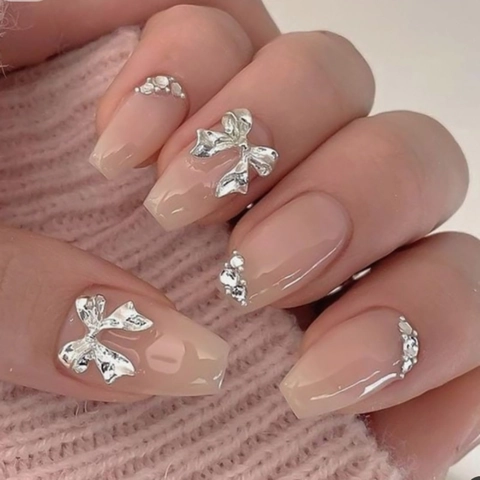 Coffin Press On Nails Nude Pink Glossy False Nails With Silver Metal Bowknot And Rhinestone Decor For Women Elegant Sweet