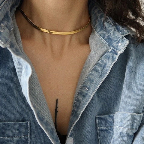 Minimalist Stainless Steel Herringbone Snake Chain Necklace For Women Gold Silver Plated Flat Blade Chain Jewelry Set Bracelet