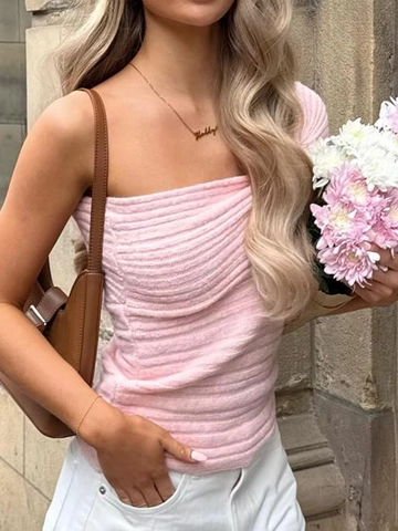 Roze Gebreide Off Shoulder Top Geribbelde Geplooid Eén Schouder Twist Knoop Slim Fit Polyester Nylon Acryl Wol Elastaan Dames