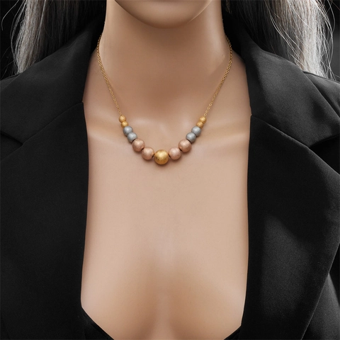 Niche Design Stainless Steel Tricolor Frosted Bead Necklace Gold Silver Rose Gold Beaded Chain Personalized Vintage Jewelry