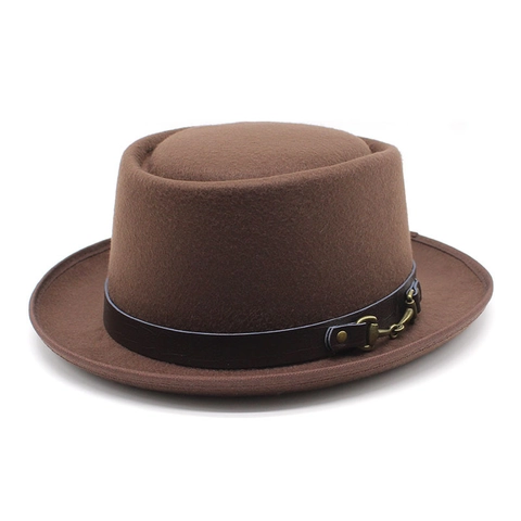 Chapeau Pork Pie Vintage En Feutre De Laine Sommet Plat Style Britannique Avec Bande En Cuir Boucle Mors En Métal Unisexe Fedora Jazz