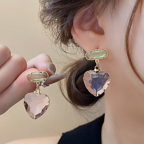 Orecchini Pendenti Cuore Zircone Rame Placcato Oro Con Perno In Argento Gioielli Eleganti Donna