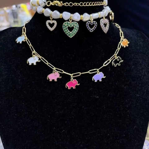 Mode Kupfer Zirkonia Künstliche Perle Herz Anhänger Halskette Bunte Emaille Elefant Choker Halskette Für Damen Schmuck Geschenk