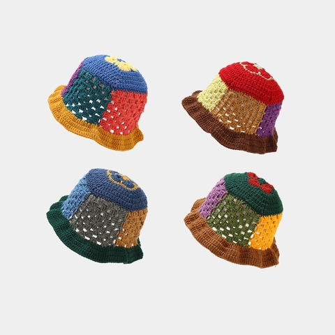 Chapeau Bob Crochet Fait Main Femmes Avec Motif Patchwork Coloré Style Bohème Rétro Respirant Protection Solaire