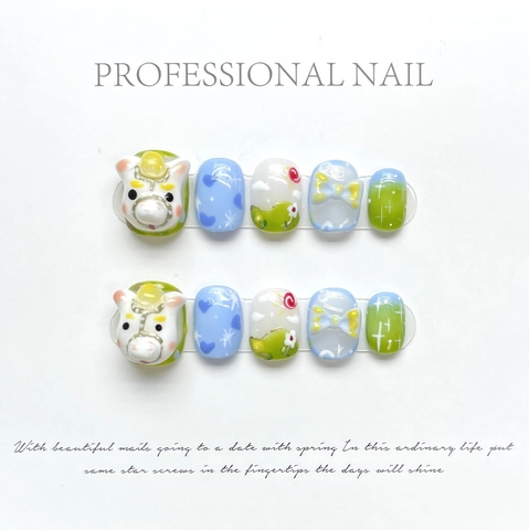 Handgemaakte 3D Cartoon Dier Sterrenbeeld Paard Kunstnagels Lente Blauw Groen Wit Glanzend Strikje Hart Decoratie Herbruikbaar