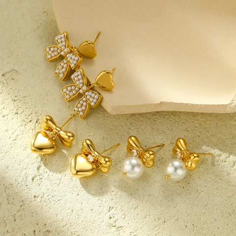 Pendientes De Lazo Corazón Acero Inoxidable Chapado En Oro 18K Circón Perla Artificial Elegante Joyería Para Mujeres